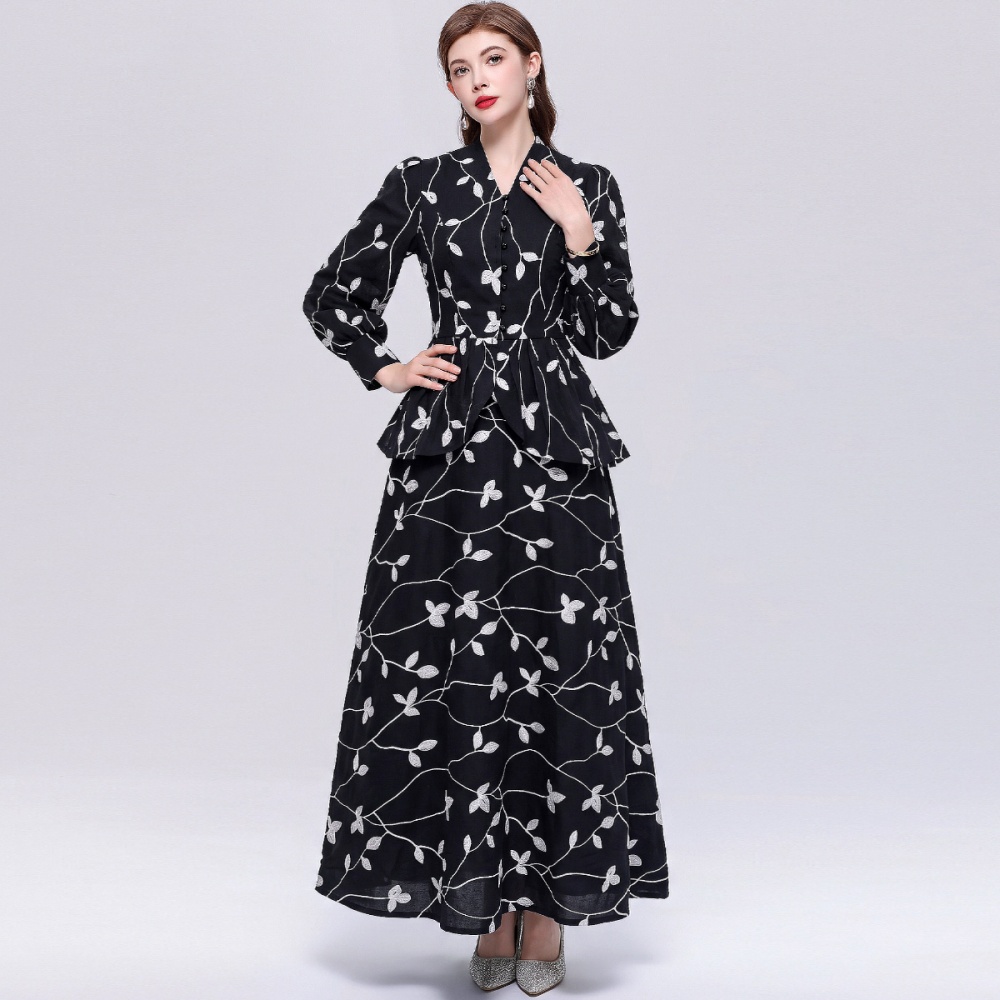 V-neck romantic style slim big skirt A-line skirt a set