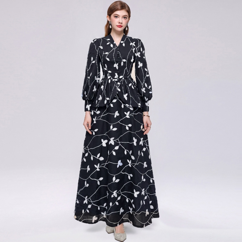 V-neck romantic style slim big skirt A-line skirt a set