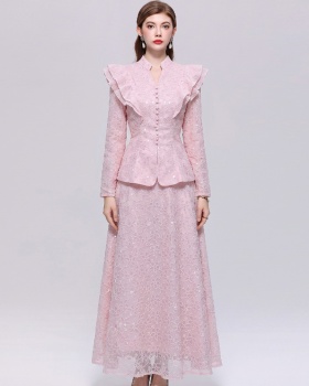 Single-breasted simple long dress lace skirt a set