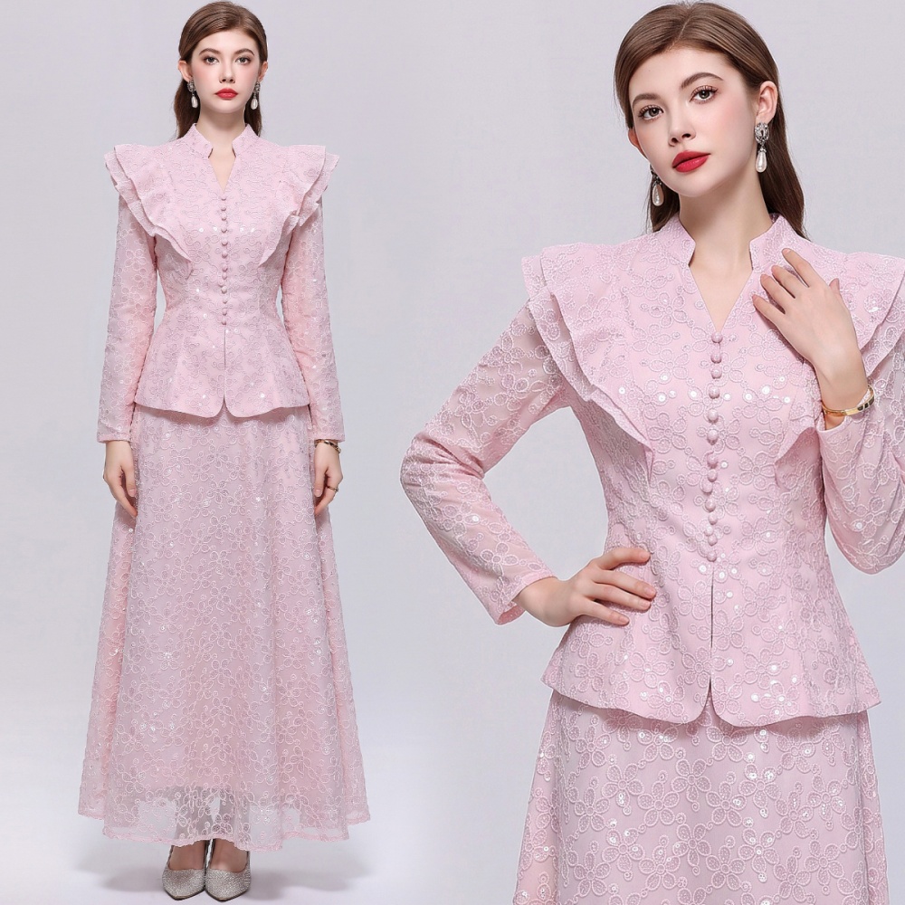 Single-breasted simple long dress lace skirt a set
