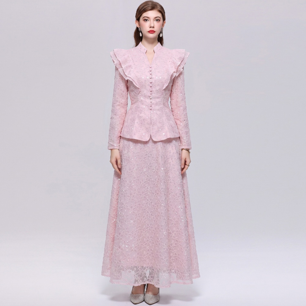 Single-breasted simple long dress lace skirt a set