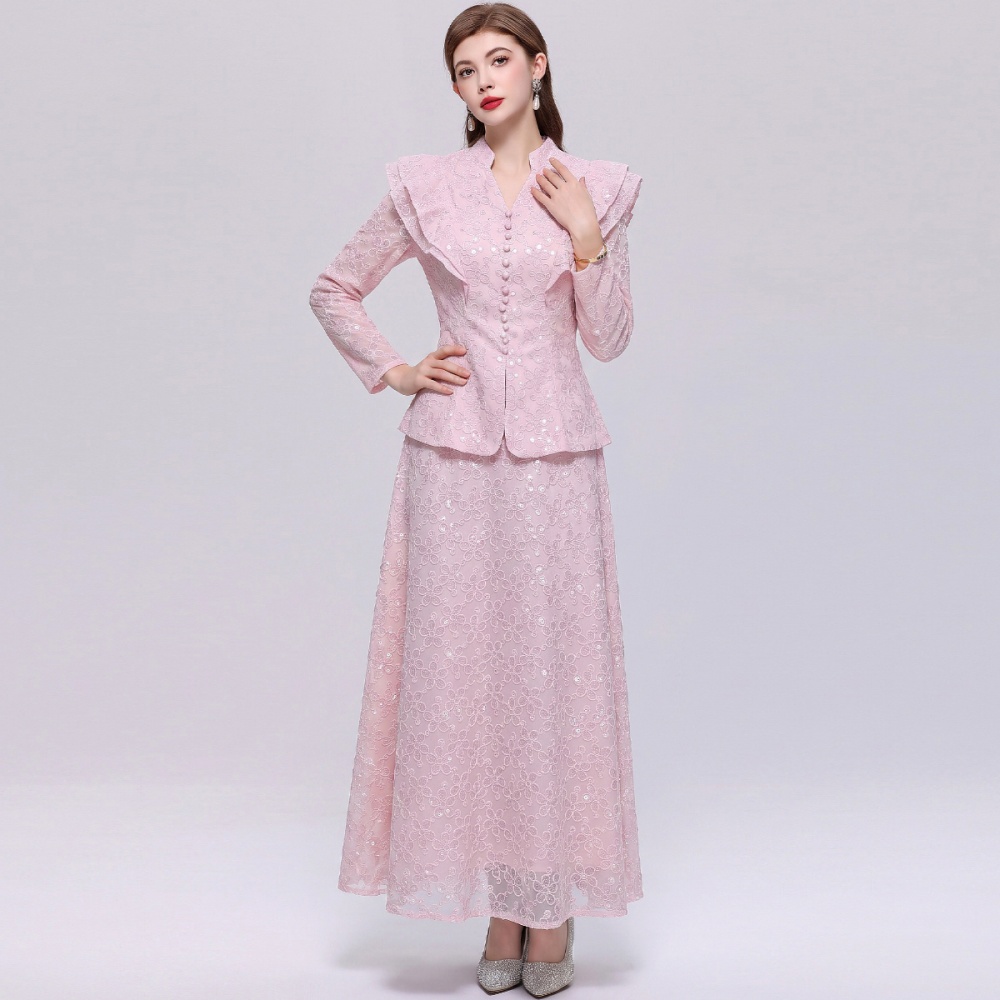 Single-breasted simple long dress lace skirt a set