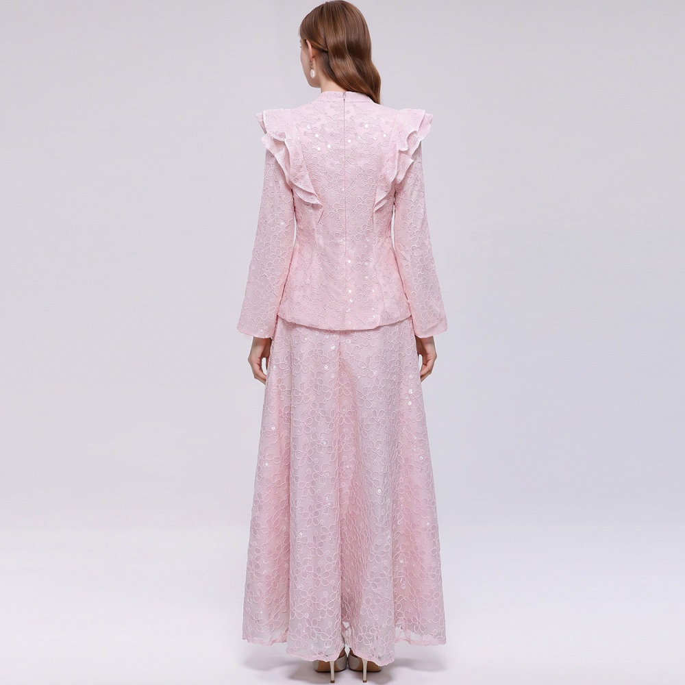 Single-breasted simple long dress lace skirt a set