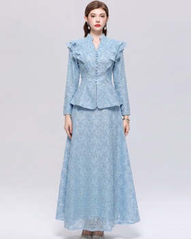 Lotus leaf edges cstand collar skirt lace long dress a set