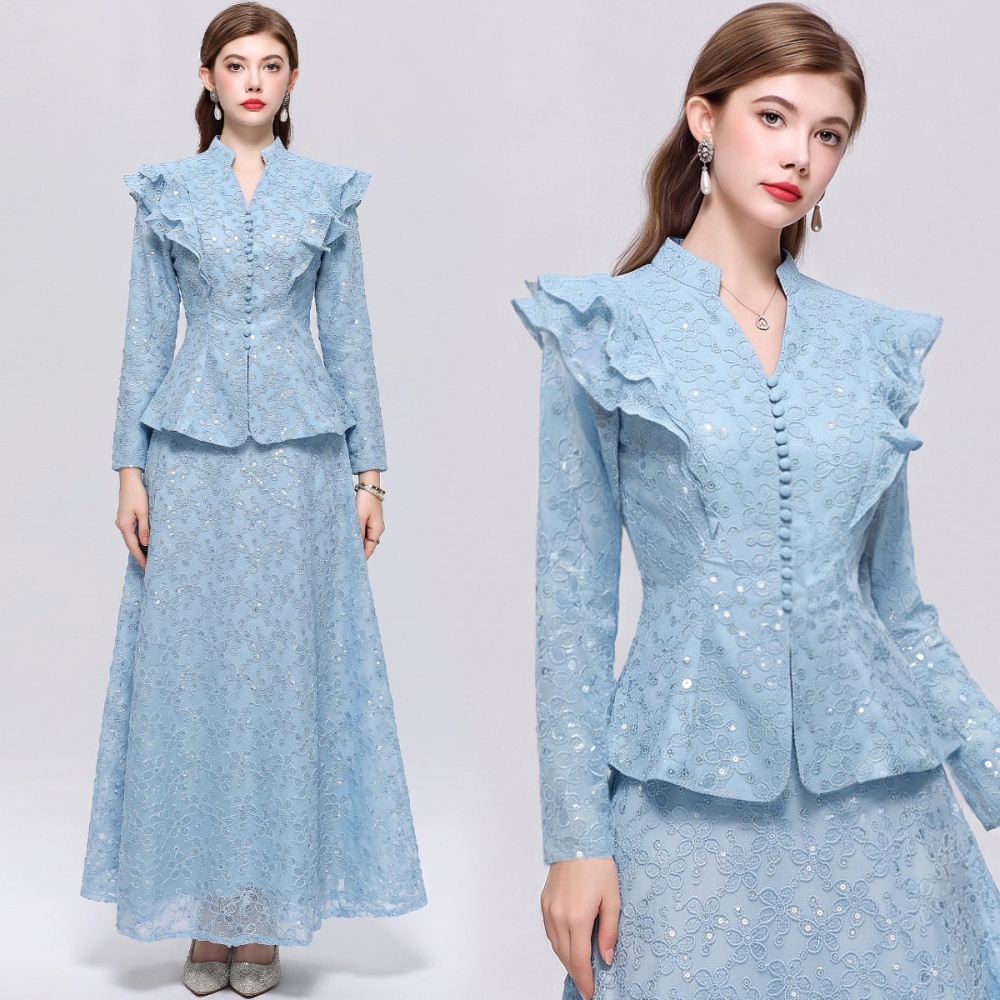 Lotus leaf edges cstand collar skirt lace long dress a set