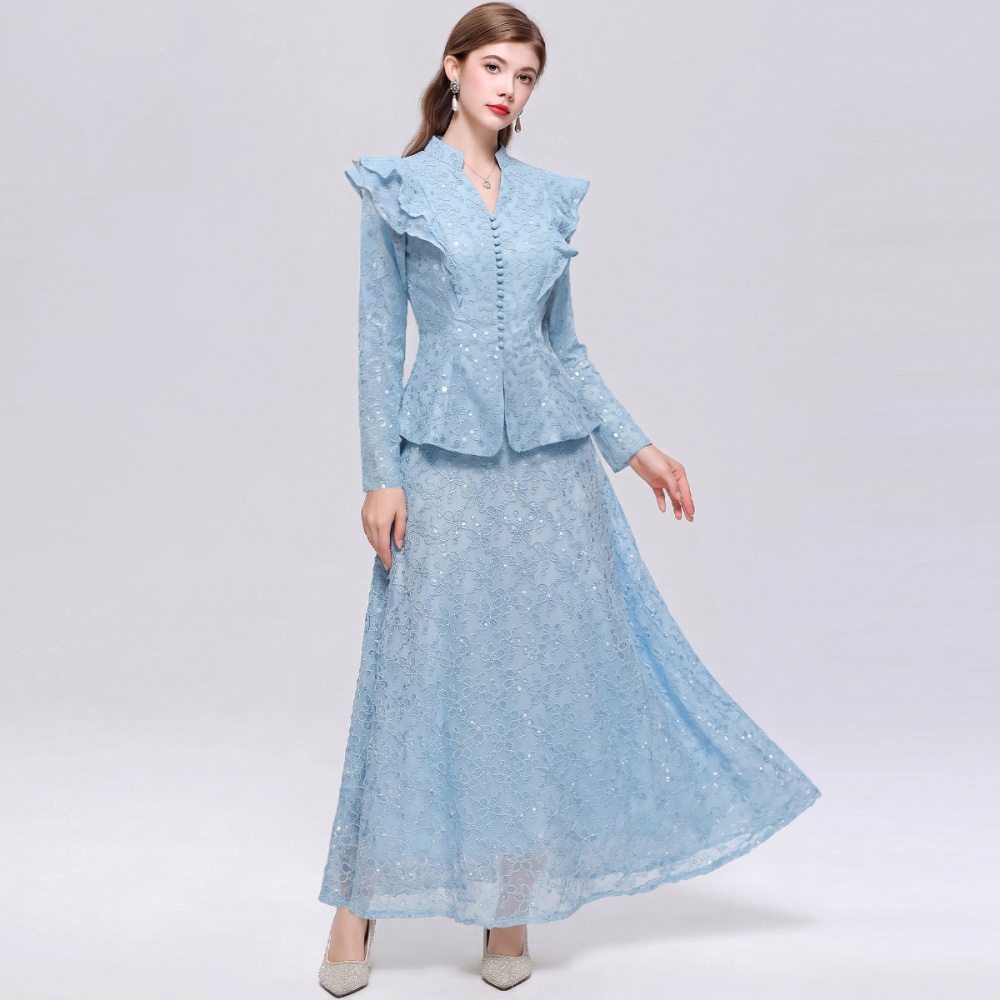 Lotus leaf edges cstand collar skirt lace long dress a set