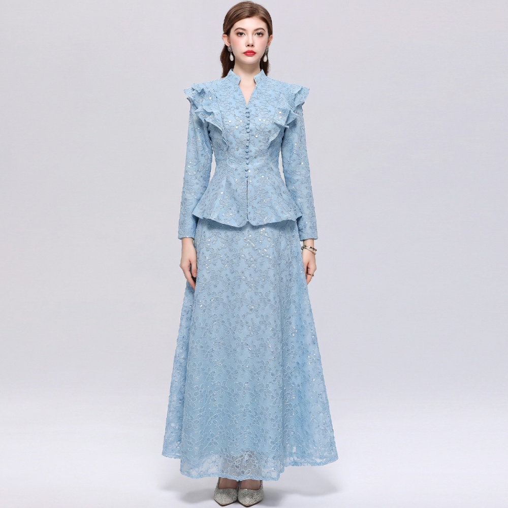Lotus leaf edges cstand collar skirt lace long dress a set
