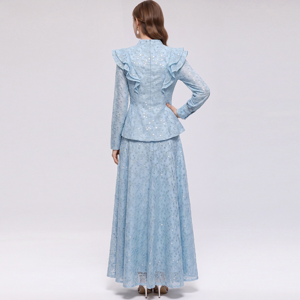 Lotus leaf edges cstand collar skirt lace long dress a set