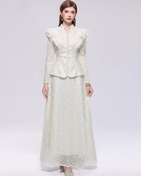Lotus leaf edges skirt single-breasted long dress a set