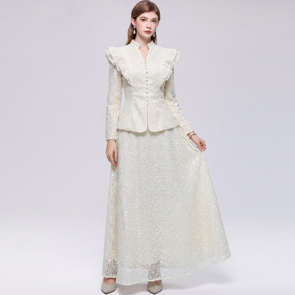 Lotus leaf edges skirt single-breasted long dress a set
