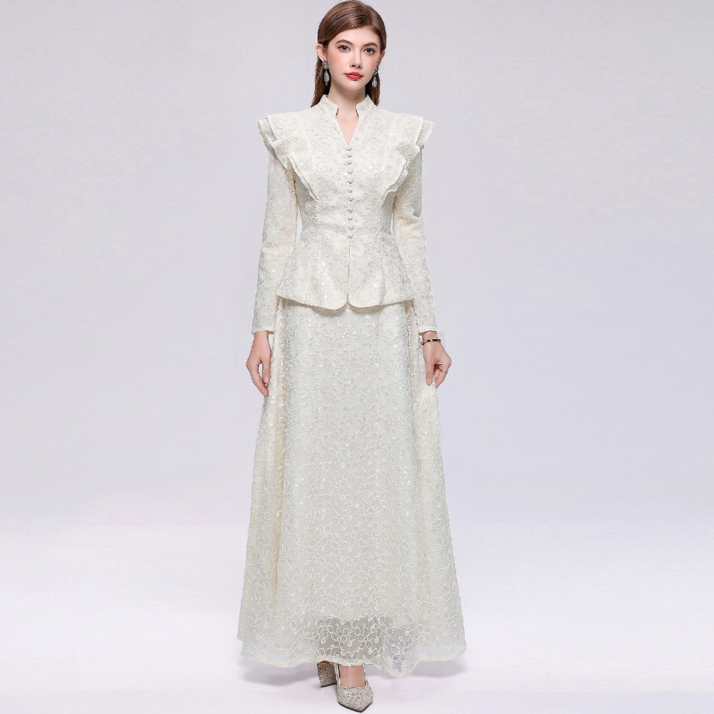 Lotus leaf edges skirt single-breasted long dress a set