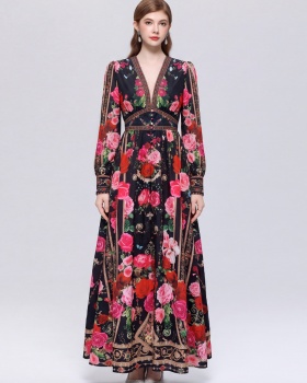 Pinched waist court style dress printing retro long dress