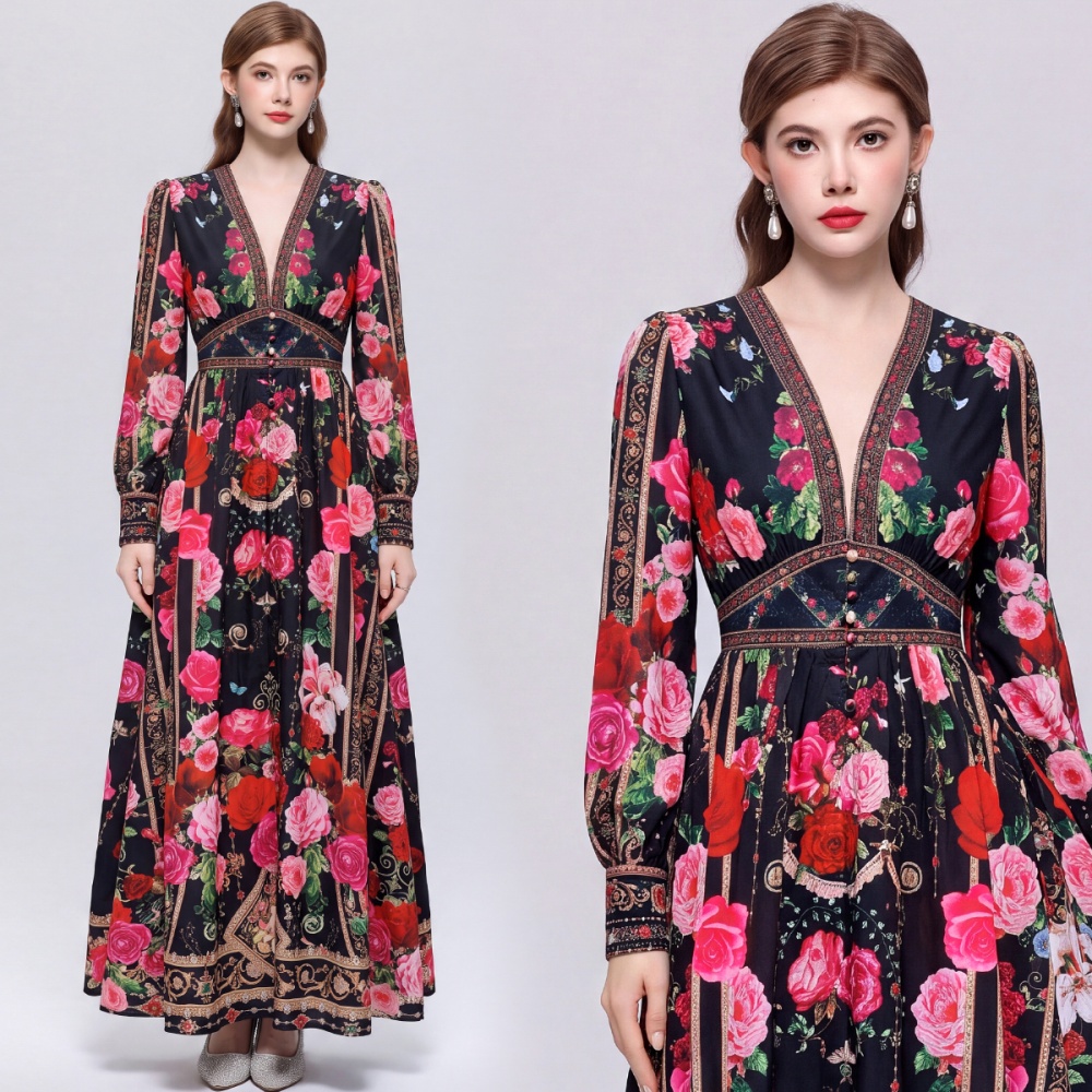 Pinched waist court style dress printing retro long dress