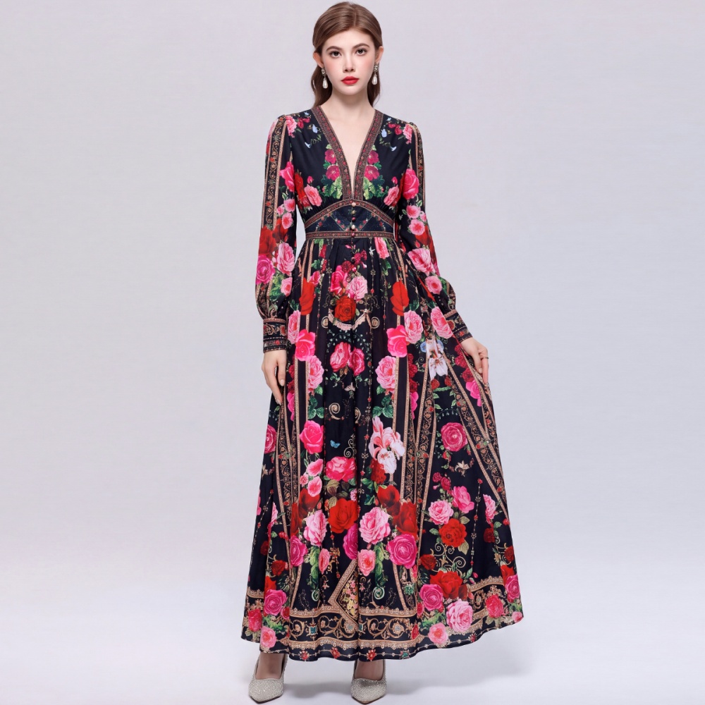 Pinched waist court style dress printing retro long dress