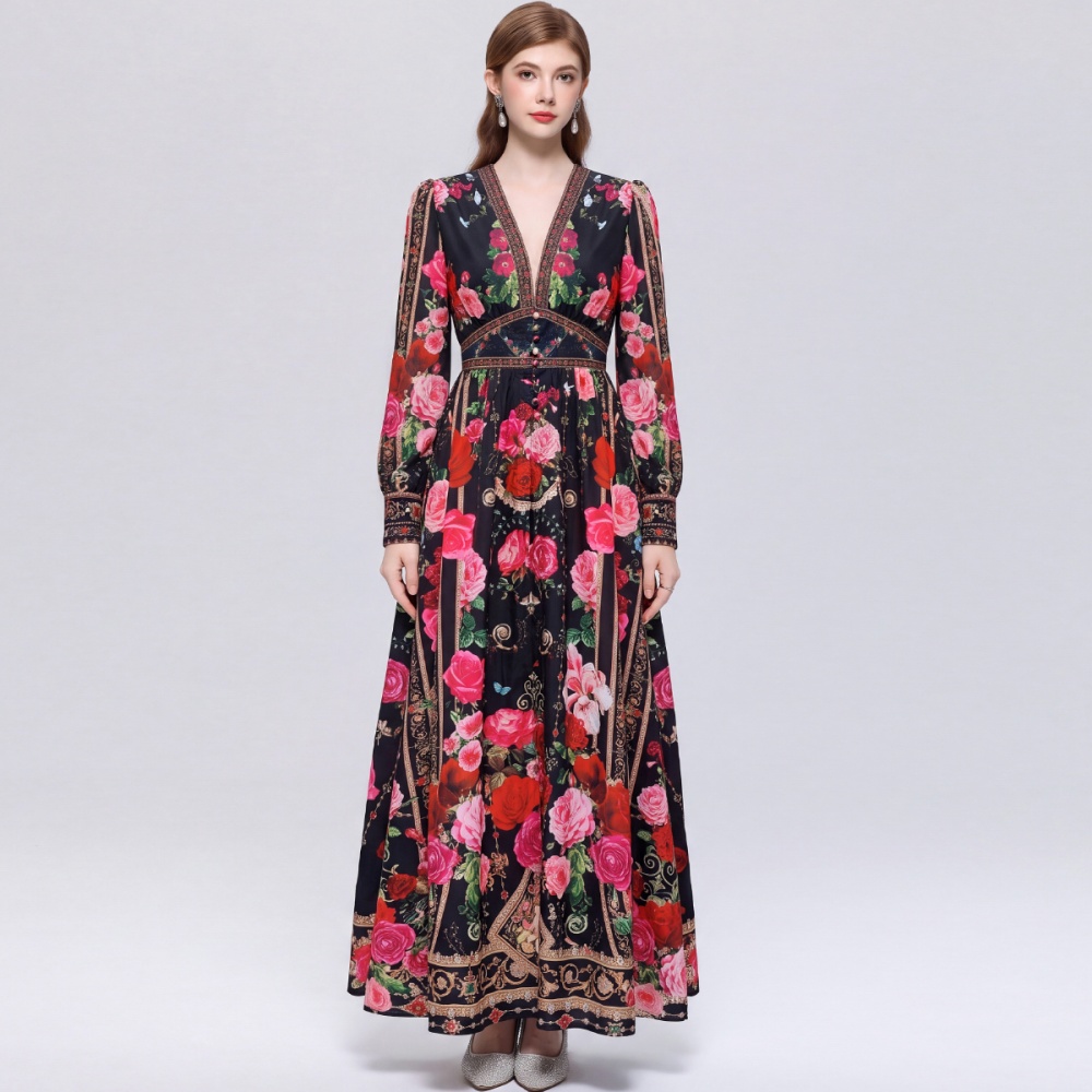 Pinched waist court style dress printing retro long dress
