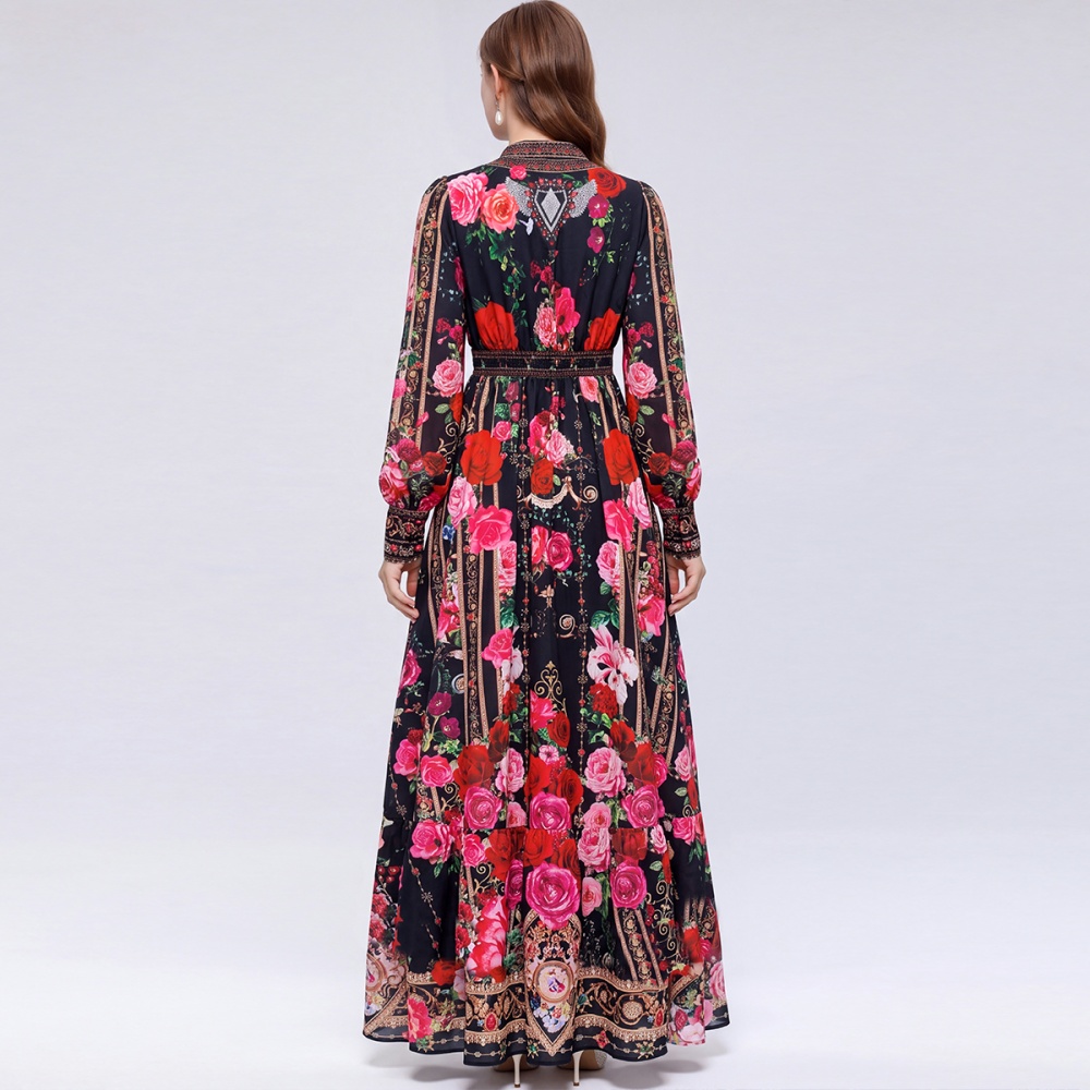 Pinched waist court style dress printing retro long dress