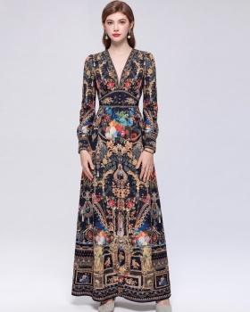 V-neck big skirt long dress printing retro dress for women