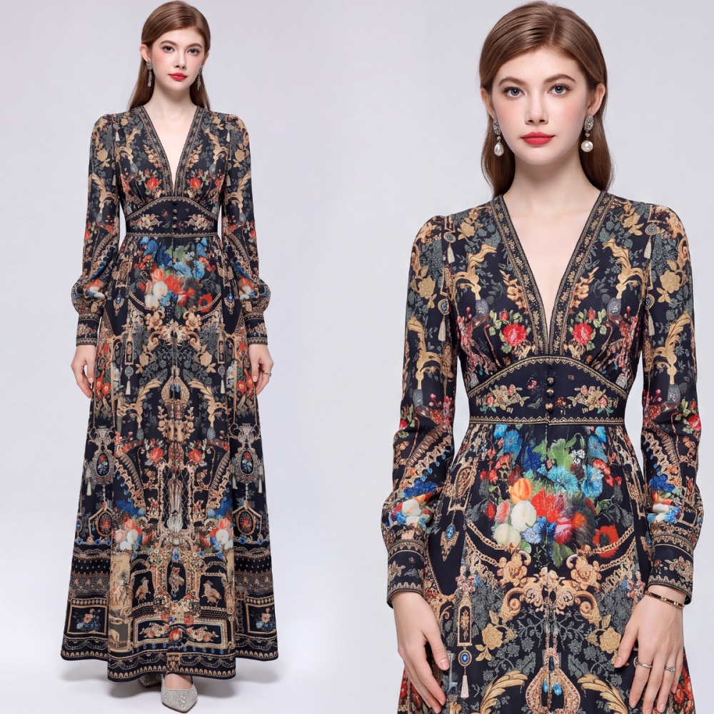 V-neck big skirt long dress printing retro dress for women