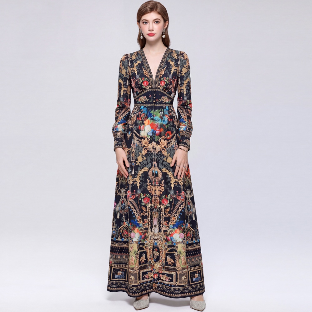 V-neck big skirt long dress printing retro dress for women