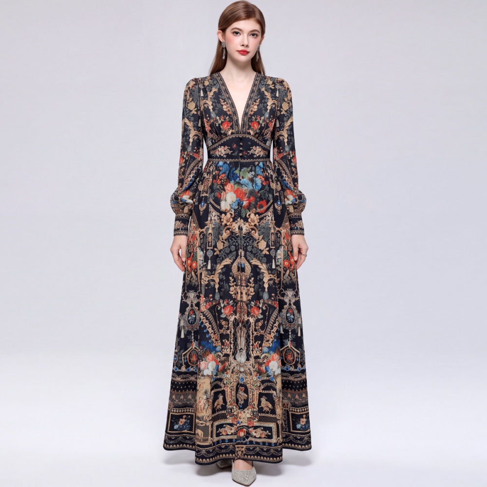 V-neck big skirt long dress printing retro dress for women