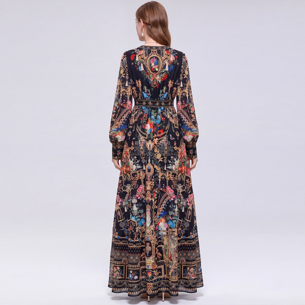 V-neck big skirt long dress printing retro dress for women