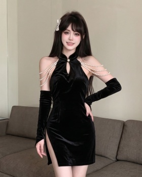 Sexy velvet split cheongsam pearl decoration pendant dress
