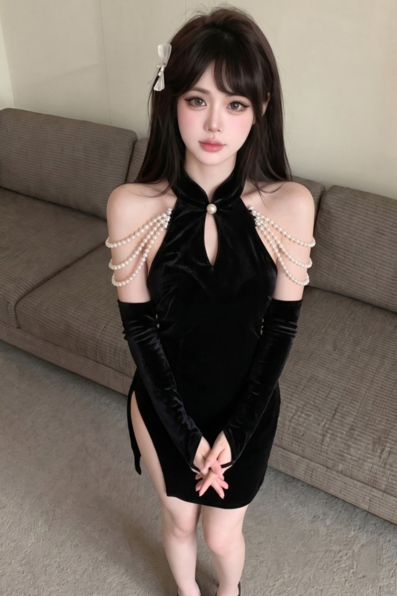 Sexy velvet split cheongsam pearl decoration pendant dress