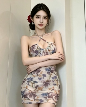 Package hip single slim halter printing dress for women