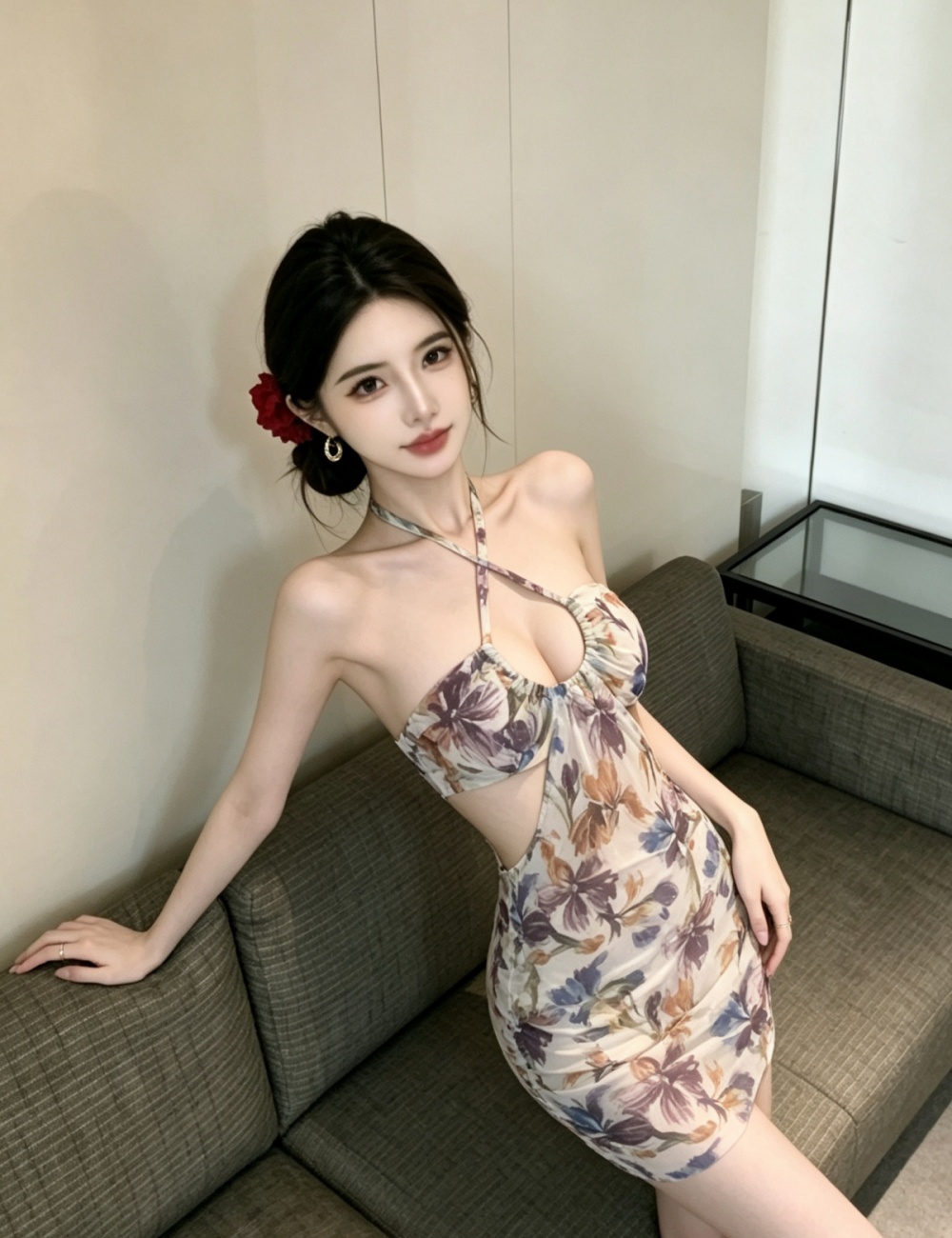Package hip single slim halter printing dress for women