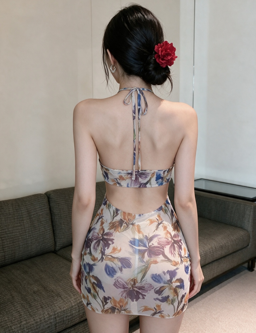 Package hip single slim halter printing dress for women