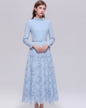 With belt ladies long dress elegant high waist dress