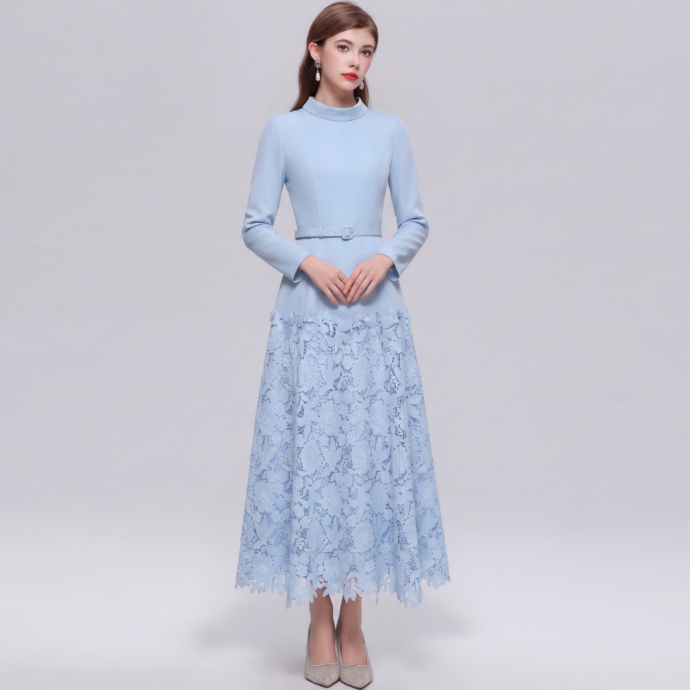 With belt ladies long dress elegant high waist dress