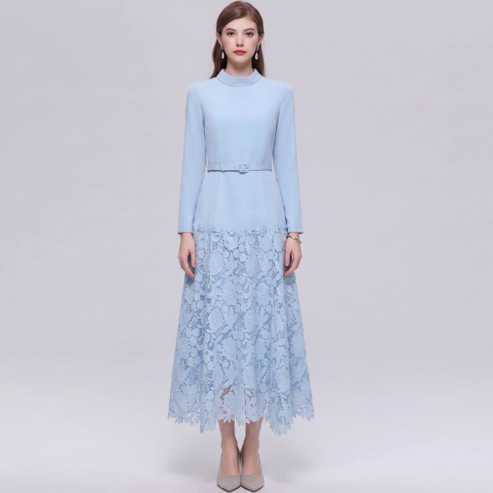 With belt ladies long dress elegant high waist dress
