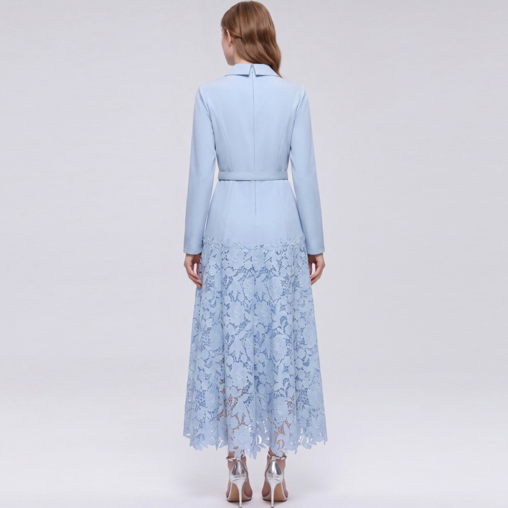 With belt ladies long dress elegant high waist dress