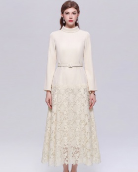 High waist with belt dress slim ladies long dress