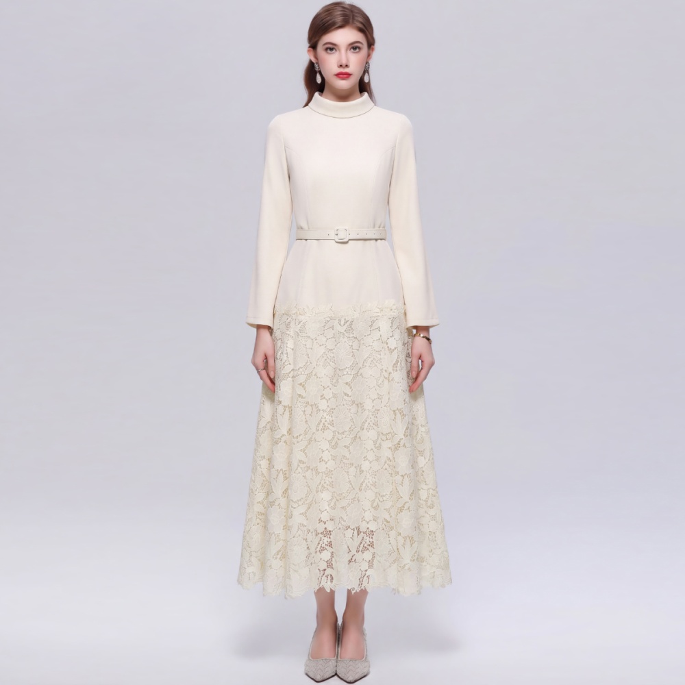 High waist with belt dress slim ladies long dress