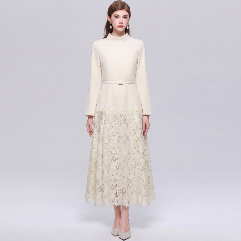 High waist with belt dress slim ladies long dress