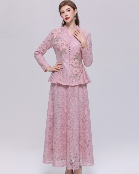 Long sleeve lace long skirt elegant V-neck skirt a set