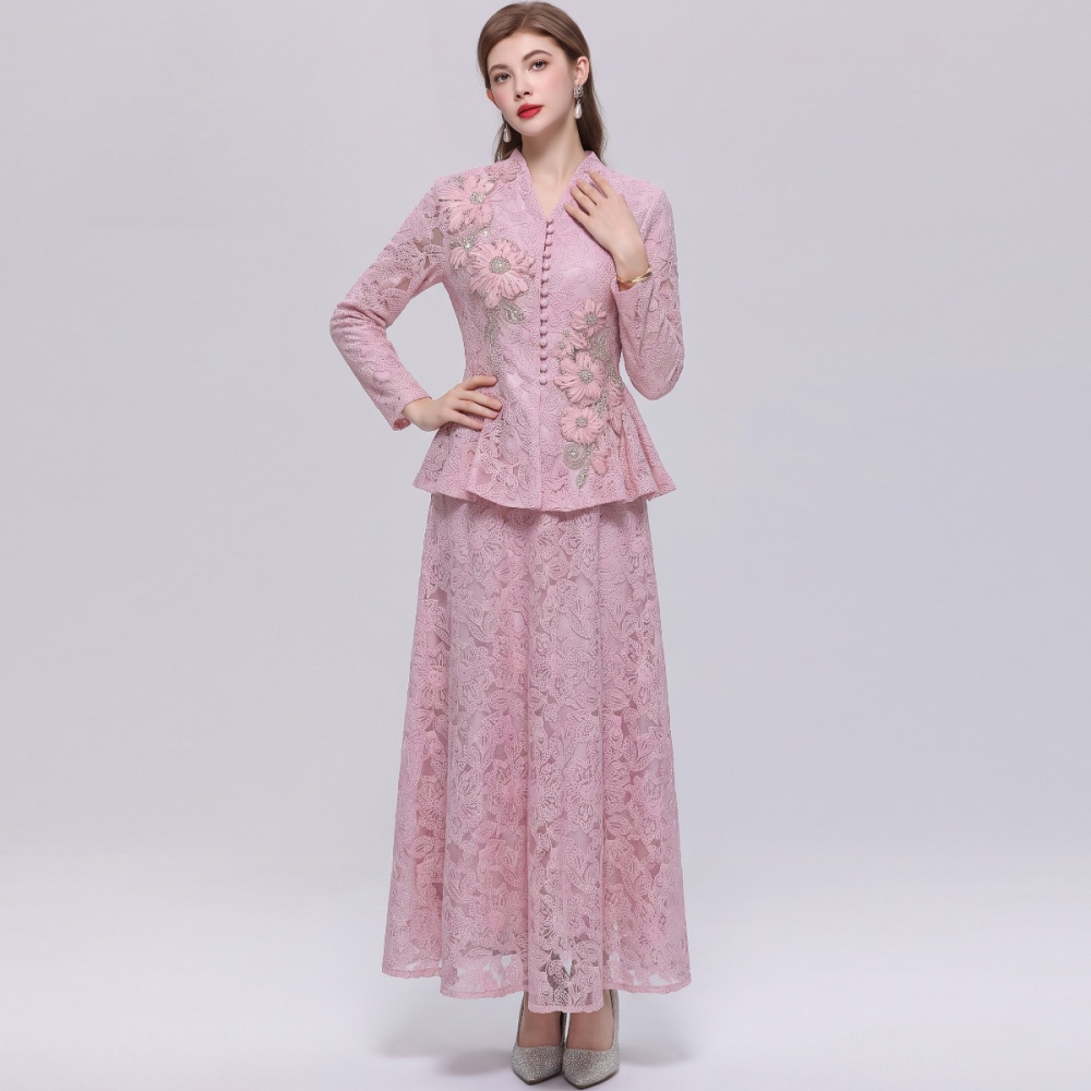 Long sleeve lace long skirt elegant V-neck skirt a set