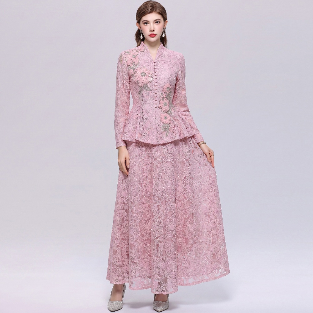 Long sleeve lace long skirt elegant V-neck skirt a set