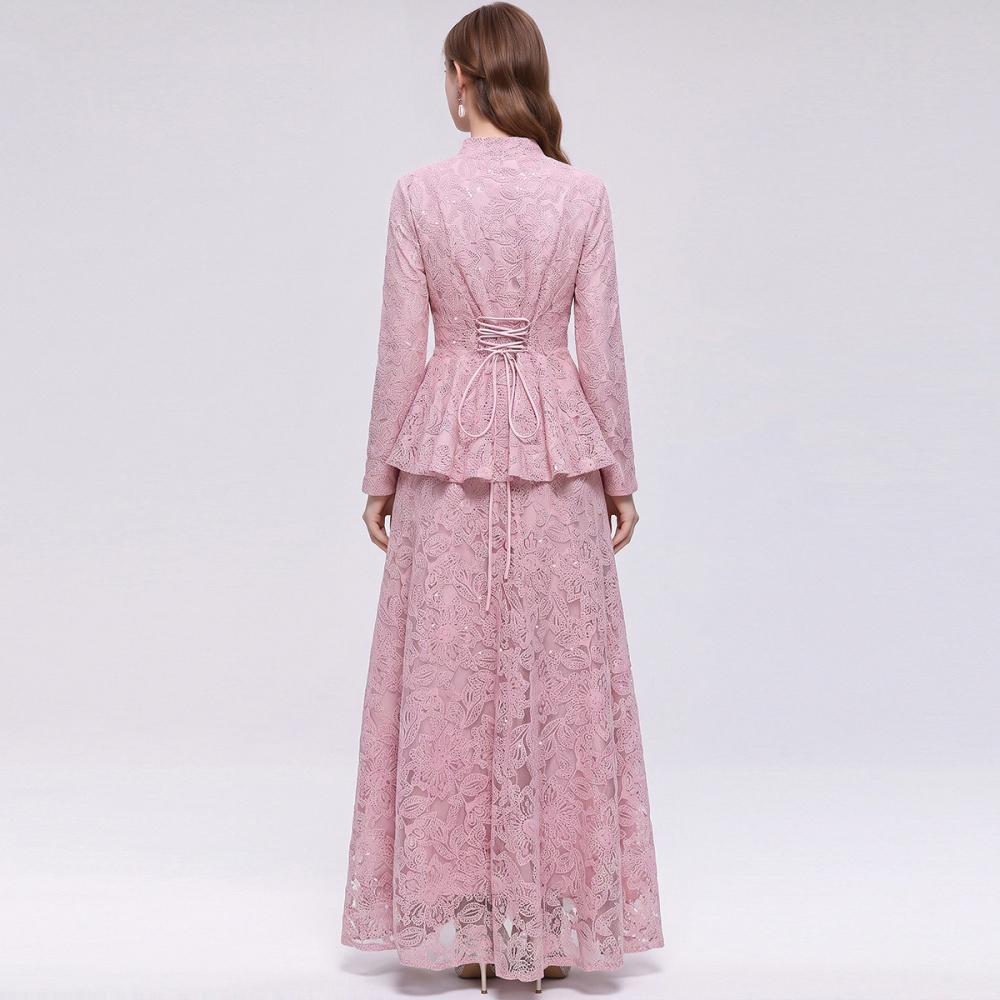 Long sleeve lace long skirt elegant V-neck skirt a set
