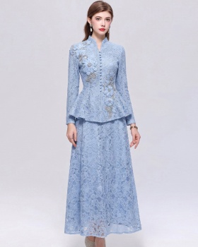 Temperament pinched waist long skirt elegant skirt a set