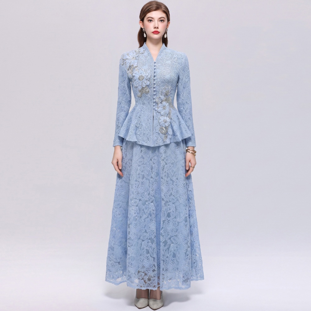 Temperament pinched waist long skirt elegant skirt a set