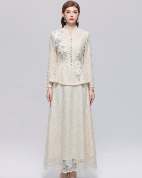 Lace elegant V-neck long skirt slim sequins skirt a set