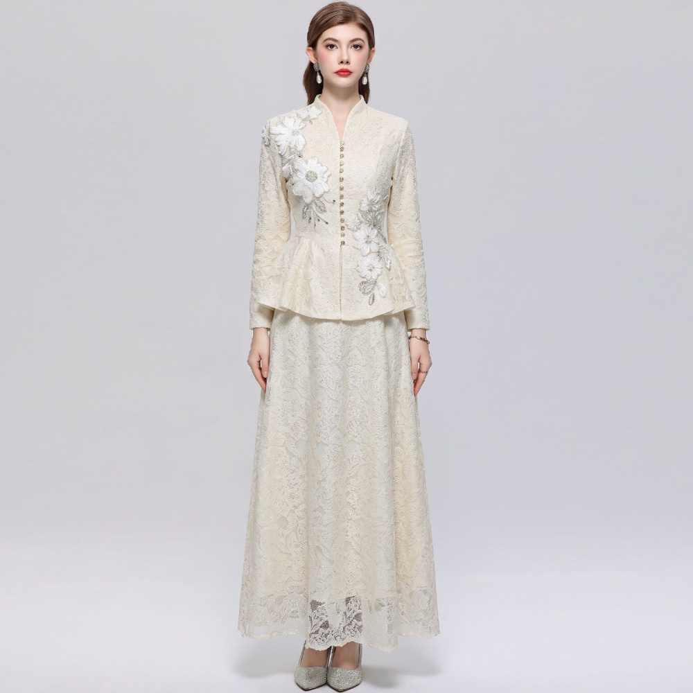 Lace elegant V-neck long skirt slim sequins skirt a set