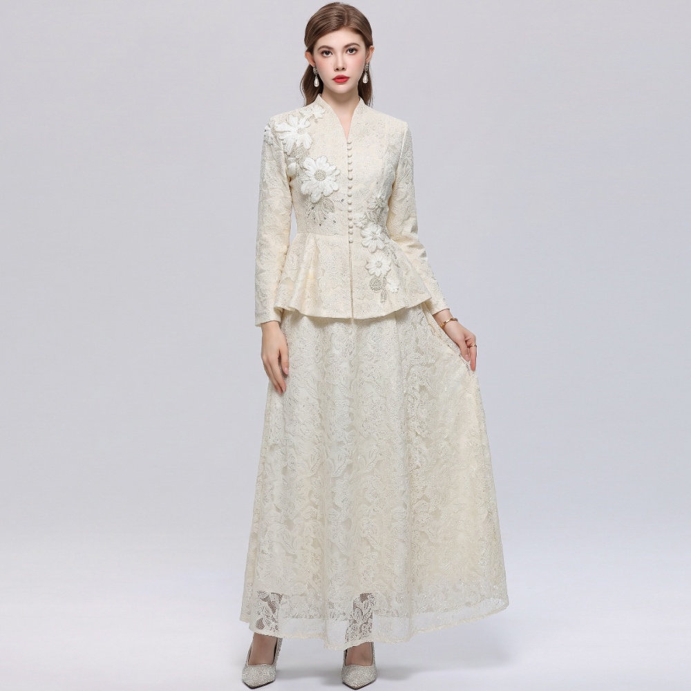 Lace elegant V-neck long skirt slim sequins skirt a set
