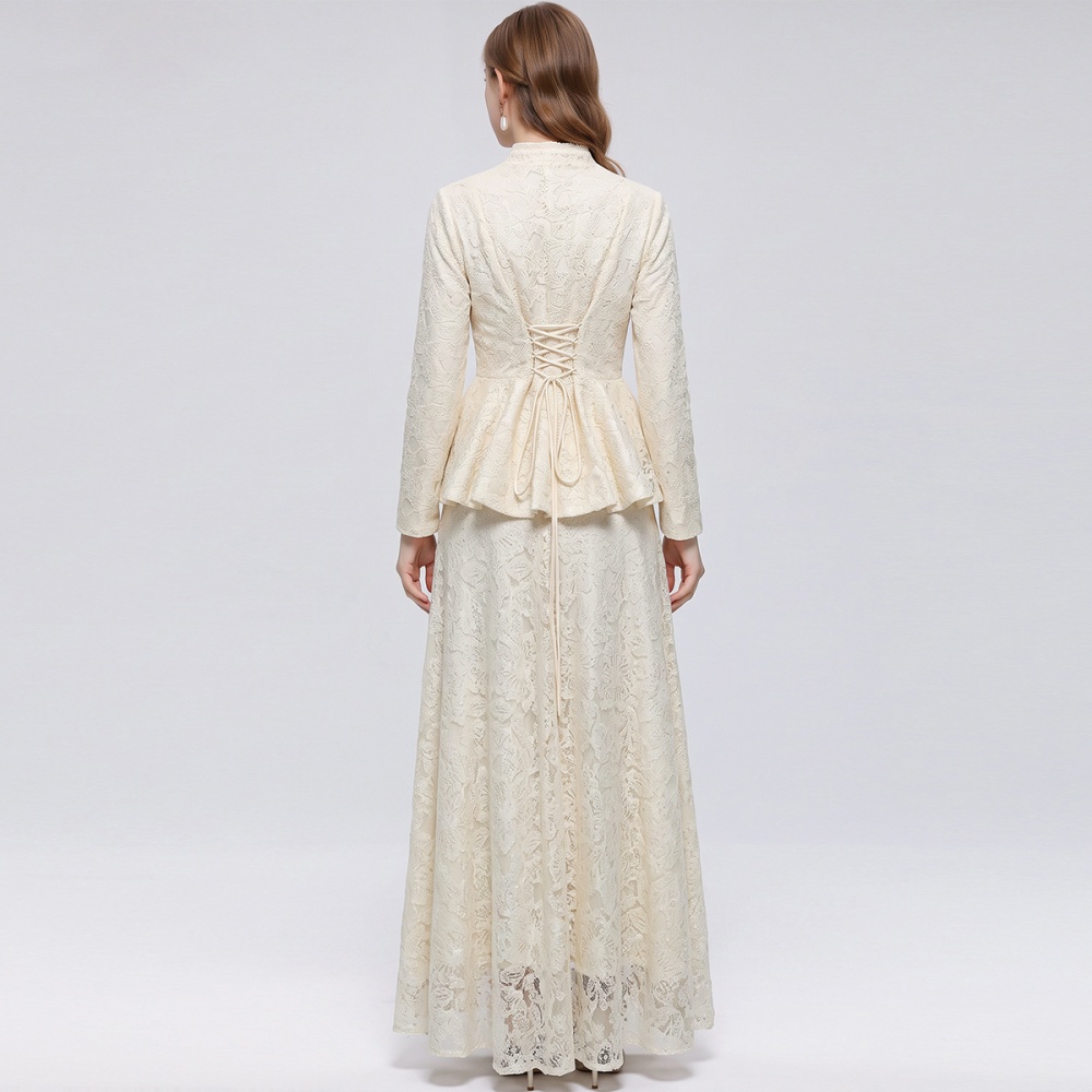 Lace elegant V-neck long skirt slim sequins skirt a set