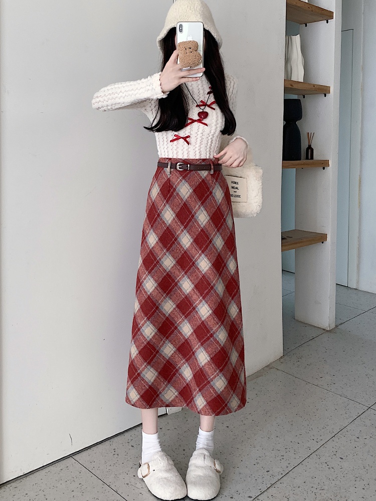 Autumn and winter plaid skirt lined long skirt for women