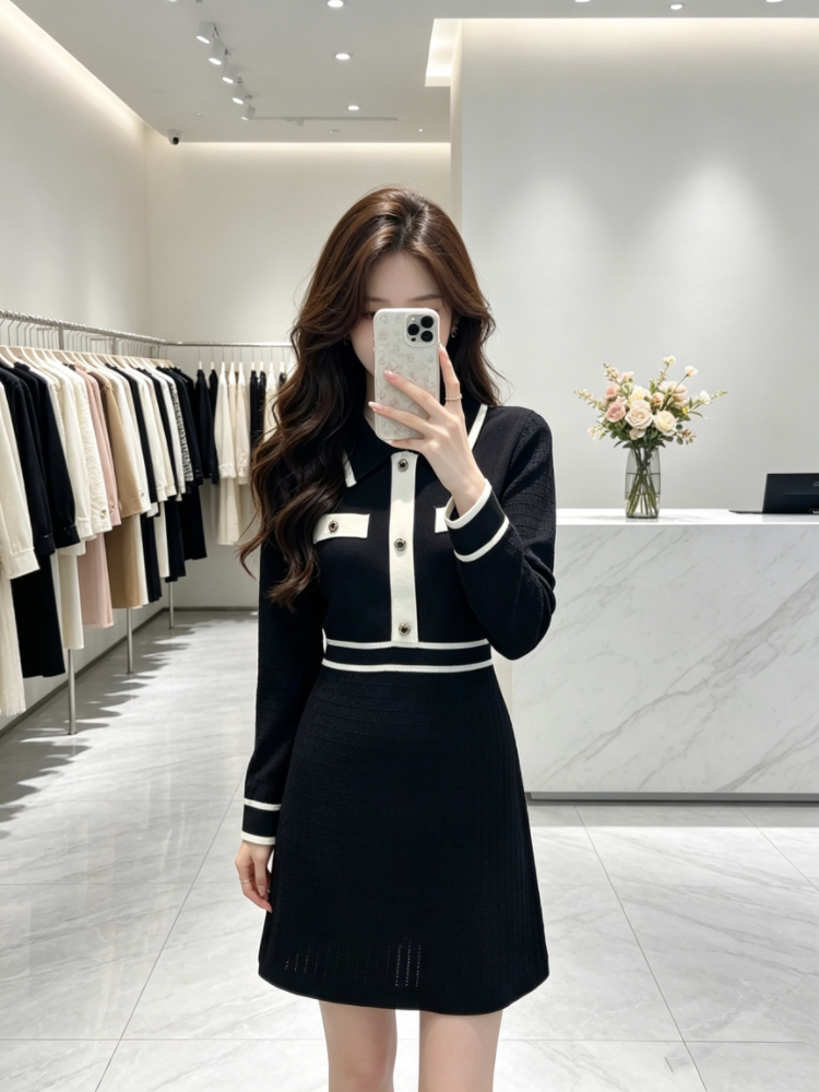 France style lapel inside the ride knitted dress for women