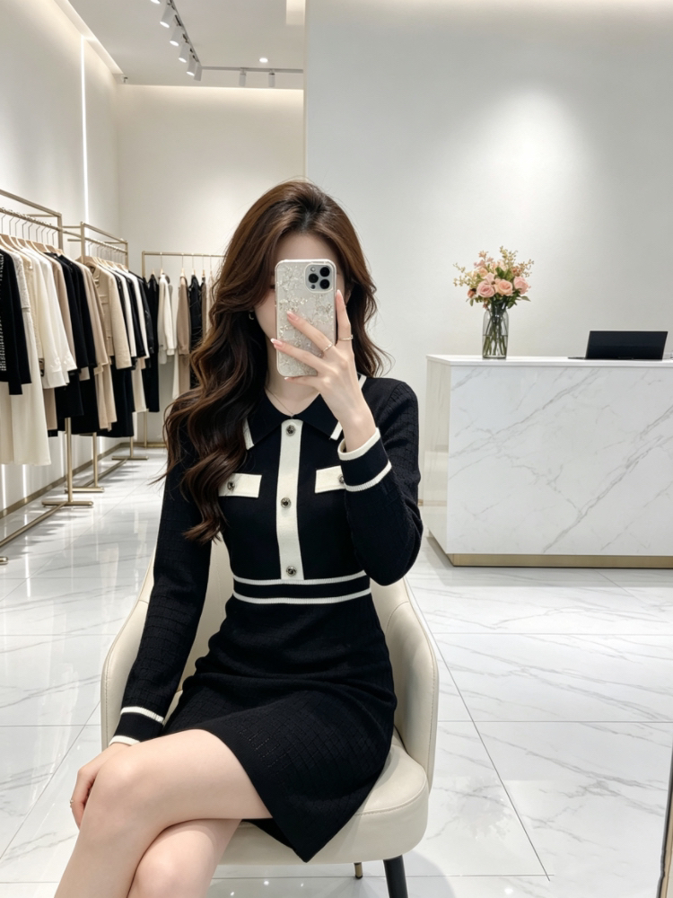 France style lapel inside the ride knitted dress for women